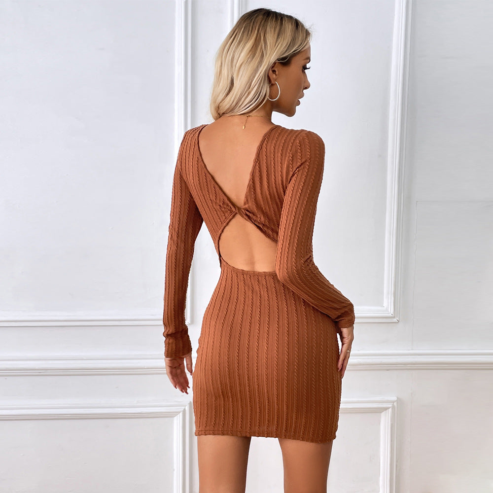 Damen elegantes Strickminikleid mit langen Ärmeln und feinem Rippdesign Drune
