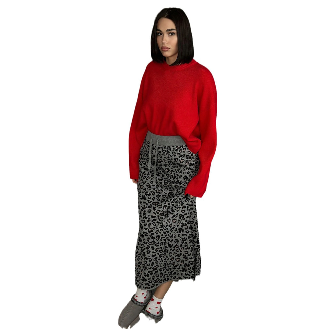 Damen Midi-Rock mit Leopard-Muster und Schlitz-Design Drune