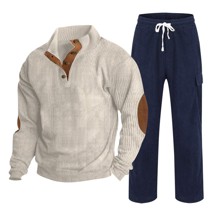 Herren nan strukturiertes Cord-Henley-Loungewear-Set mit Ellenbogenpatches und Cargo-Jogpant Drune