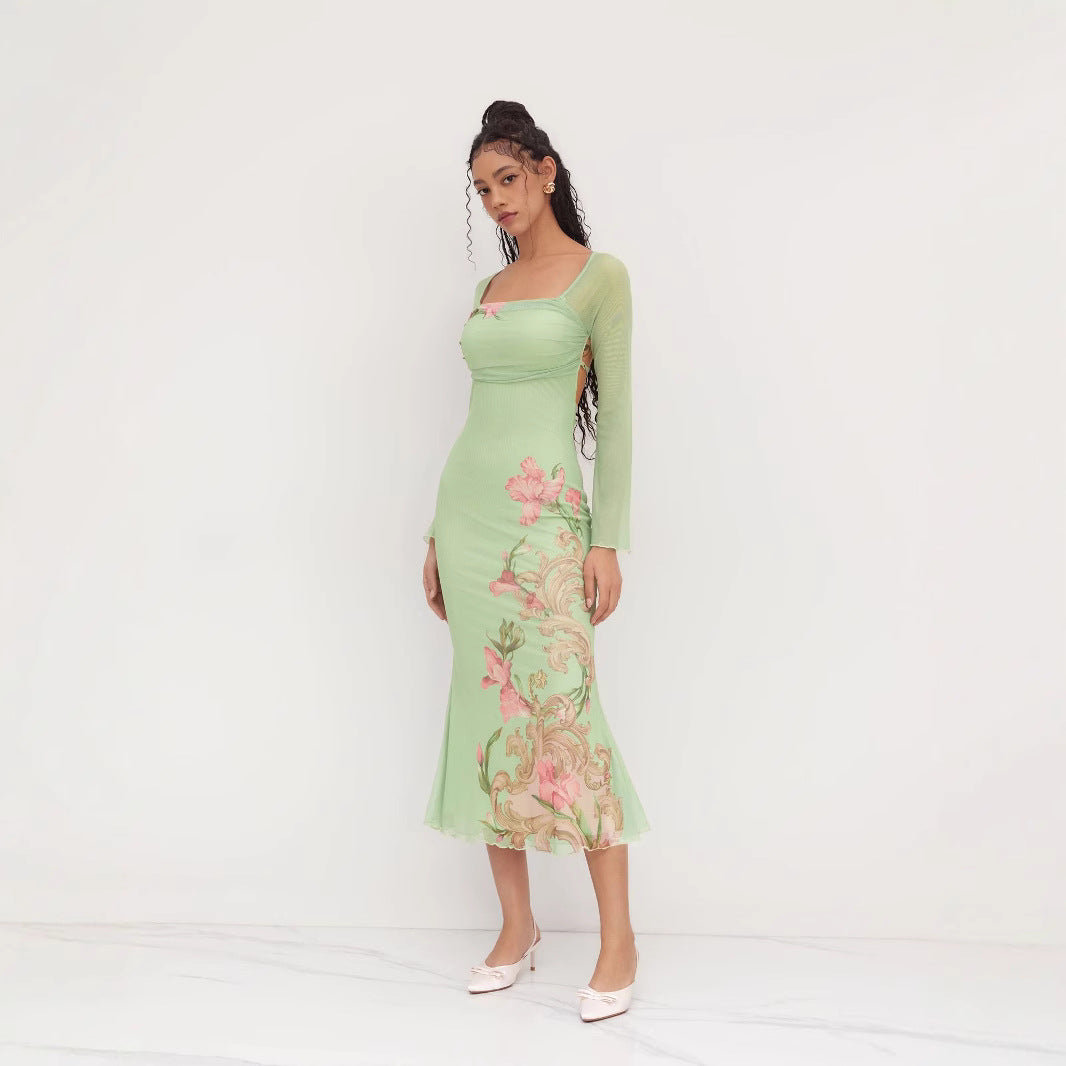 Damen elegantes Midikleid mit floralem Design und transparenten Longsleeves Drune
