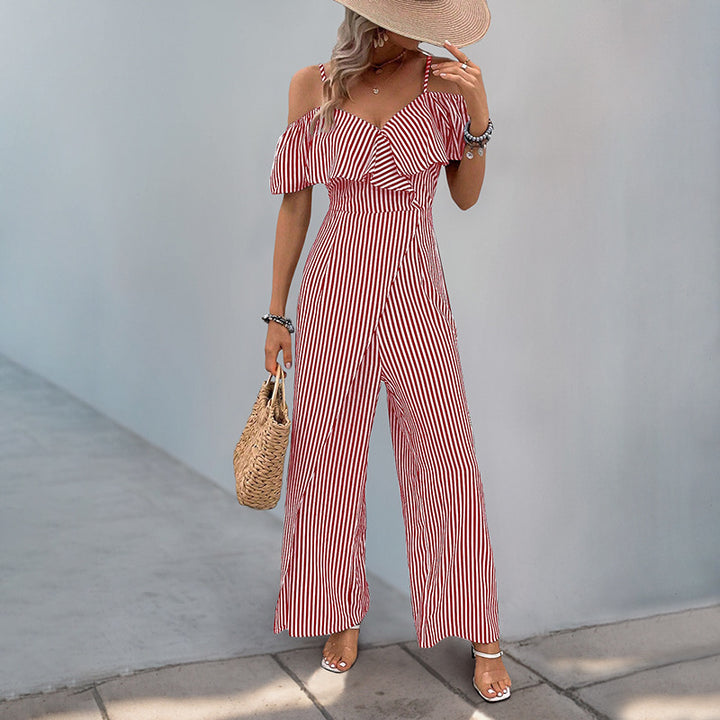 Damen eleganter Jumpsuit mit schulterfreiem Design und gestreiftem Muster Drune