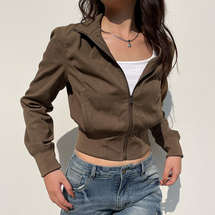 Damen nan taillierte Kurzjacke mit Stehkragen, durchgehendem Reißverschluss und elastischem Bund Drune