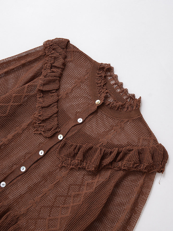 Damen feine Strickjacke mit Rüschendetails und Knopfleiste Drune