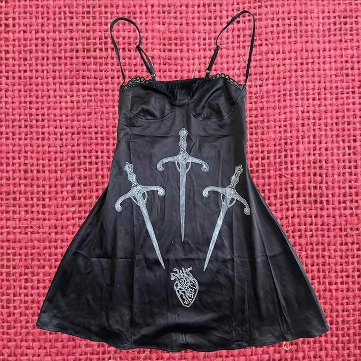 Damen Verspieltes Satin-Kleid mit Kunstgrafiken Drune