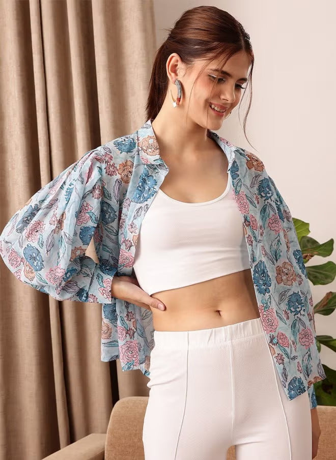 Damen leicht transparente Chiffonjacke mit floralen Motiven und ballonartigen Ärmeln Drune