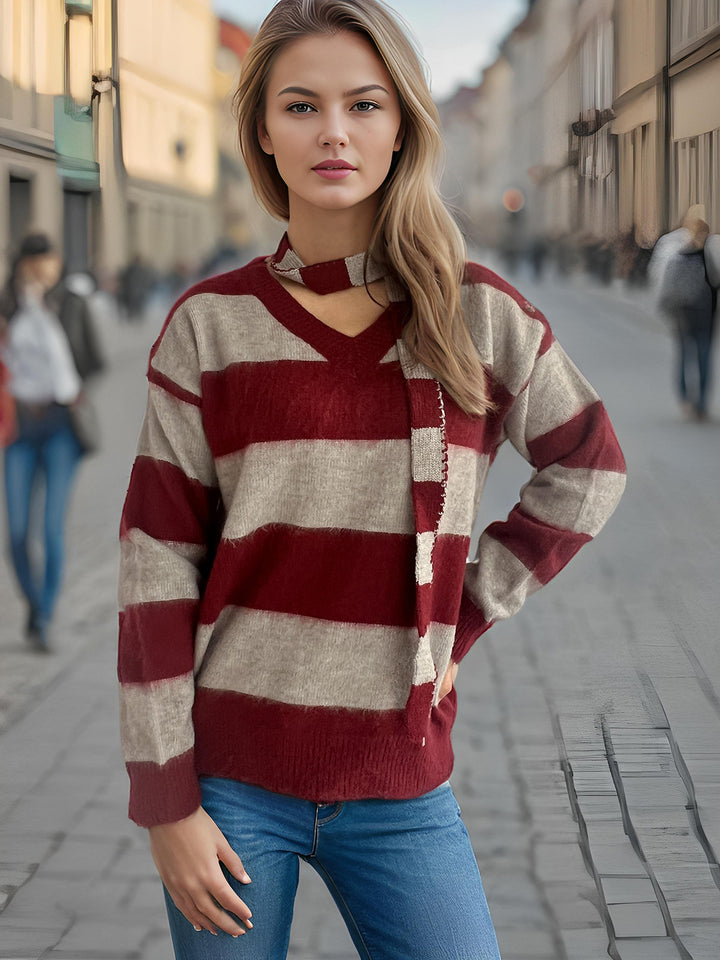 Damen lässiger Strickpullover mit modernem Streifenmuster und dekorativem Schal Drune