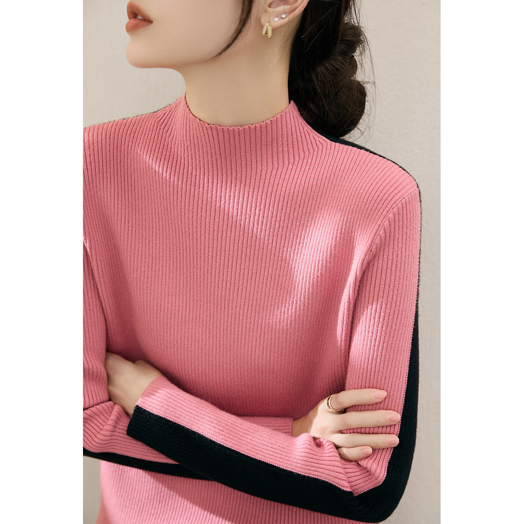 Damen modischer Rollkragenpullover mit strukturiertem Rippdesign und kontrastierenden Ärmeln Drune