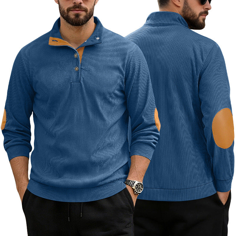 Herren nan lässiger Strukturpullover mit Polokragen, kurzer Knopfleiste und veganen Lederbesätzen Drune