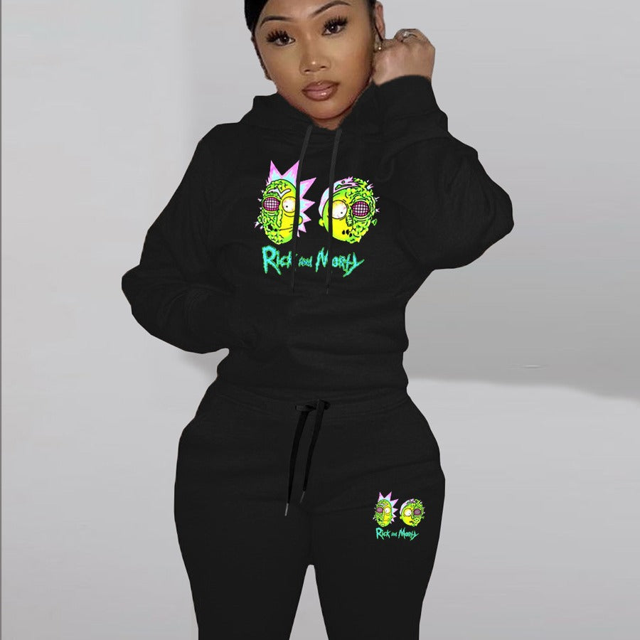 Damen Freizeit Hoodie und Jogginghose Set mit stylischem Cartoon-Druck Drune