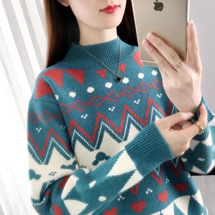 Damen festlicher Strickpullover im modernen Weihnachtsdesign mit geometrischem Muster und komfortablem Rundhalsausschnitt Drune