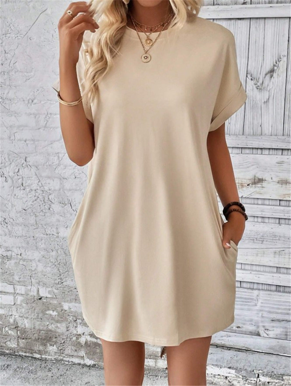 Damen lässiges Kurzarm-Dress mit Seitentaschen Drune