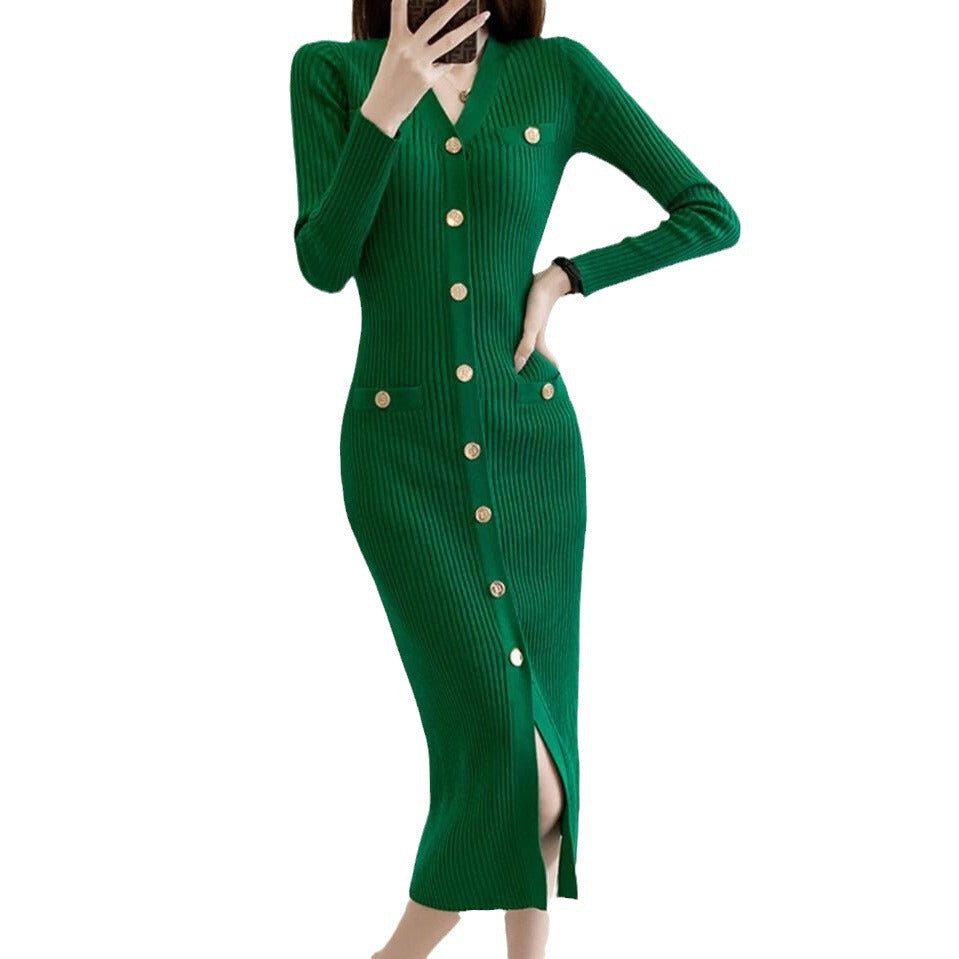 Damen Strickkleid mit Knopfleiste und tiefem Schlitz Drune