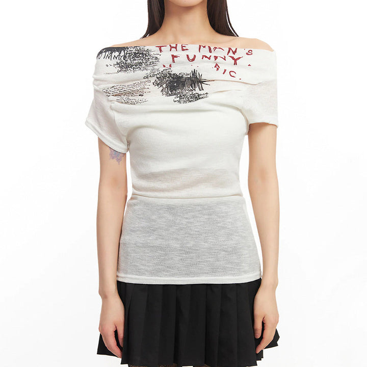 Damen Off-Shoulder T-Shirt mit künstlerischem Druck und figurbetontem Schnitt Drune