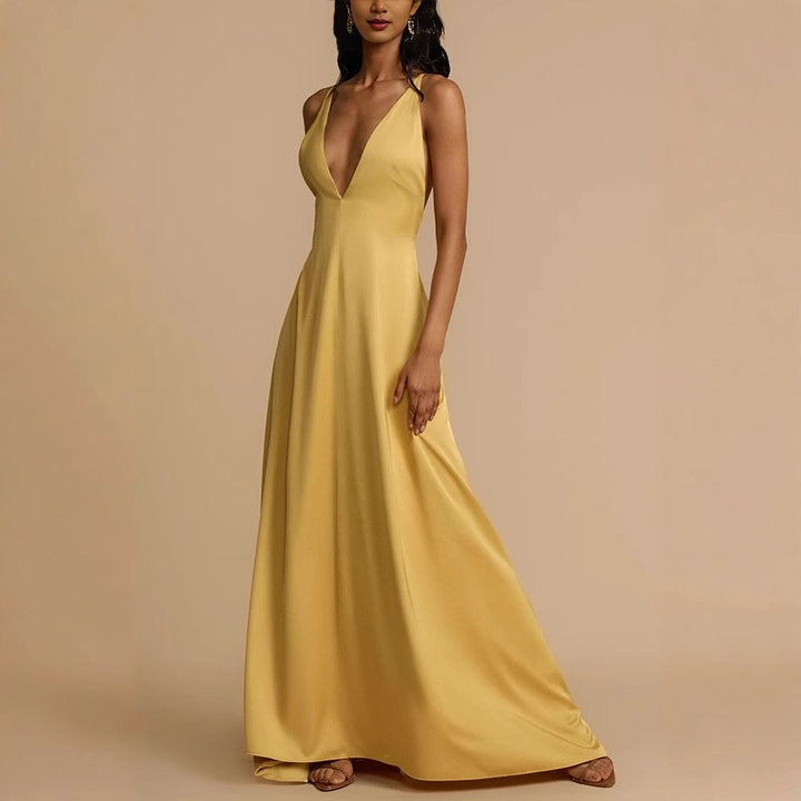 Damen Elegantes Maxikleid mit tiefem V-Ausschnitt und fließendem Schnitt Drune