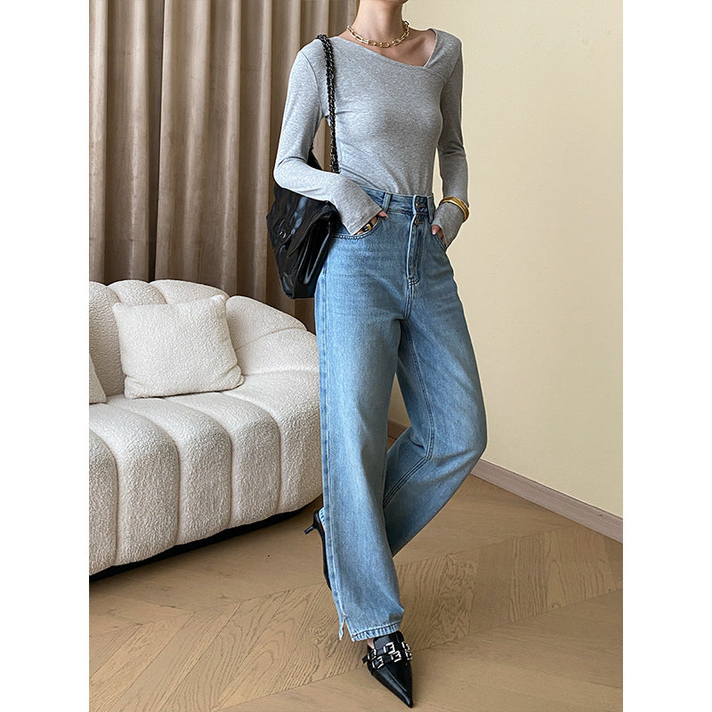 Damen Figurbetontes Longsleeve mit V-Ausschnitt Drune