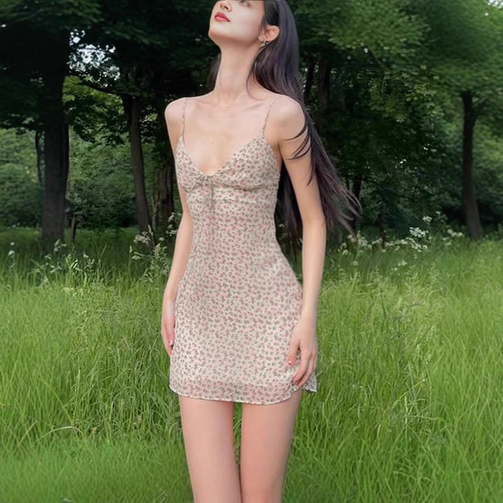 Damen Sommerliches Minikleid mit floralem Muster und Schnürung Drune
