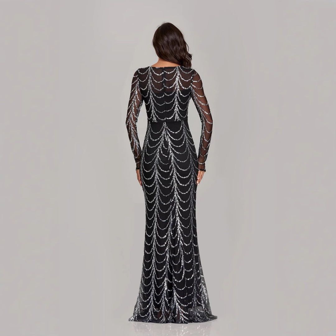 Damen Figurbetontes Abendkleid mit transparenten Ärmeln und Paillettenverzierung Drune