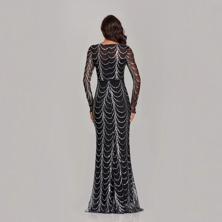 Damen Figurbetontes Abendkleid mit transparenten Ärmeln und Paillettenverzierung Drune