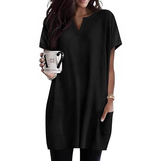 Damen lässiges Tunika-Kleid mit V-Ausschnitt und Taschen Drune