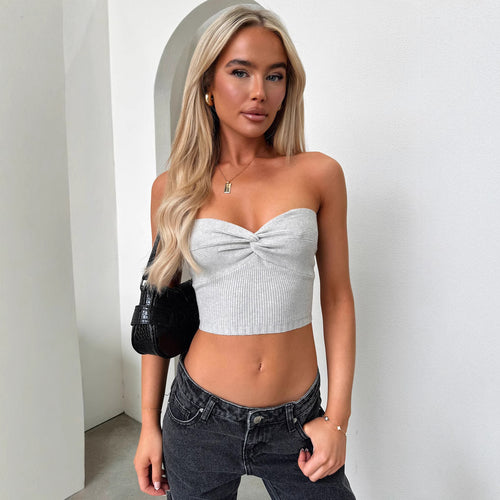 Damen Kurzarm Top mit elegantem Herz-Ausschnitt und geripptem Material Drune