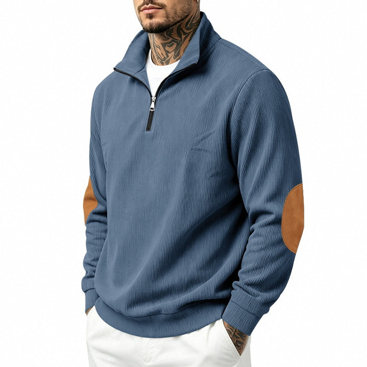 Herren nan Halbzip-Sweatshirt mit Stehkragen, feiner Waffelstruktur und Lederoptik-Ellenbogenpatchs Drune