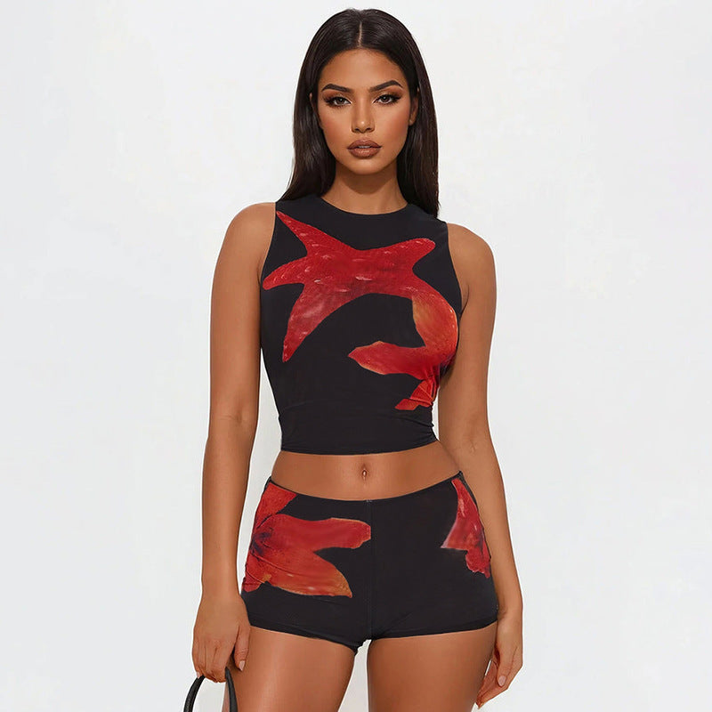 Damen Sportliches Crop-Top und kurze Hose Set Drune