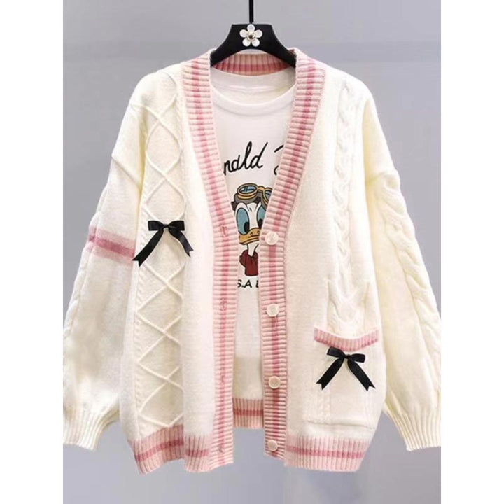 Damen Modischer Strickcardigan mit Zopfmuster und dekorativen Schleifen Drune