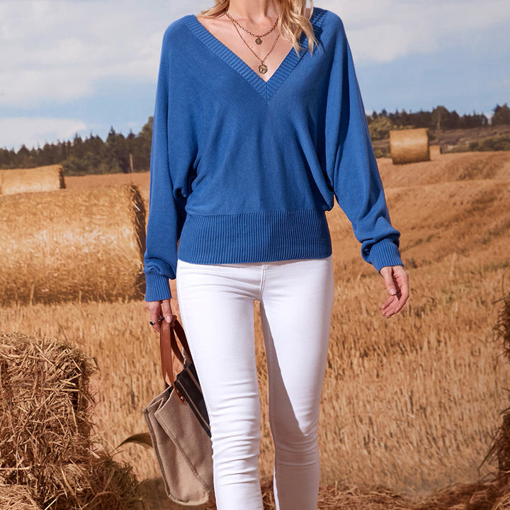 Damen V-Ausschnitt Strickpullover mit weitem Schnitt und gekräuselten Ärmeln Drune