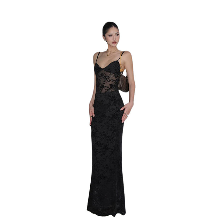 Damen Elegantes Spitzen-Maxi-Kleid mit Spaghetti-Trägern und transparenter Optik Drune