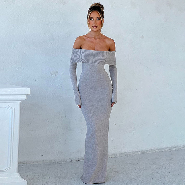 Damen schulterfreies Maxikleid mit langem Arm und elegantem Schnitt Drune