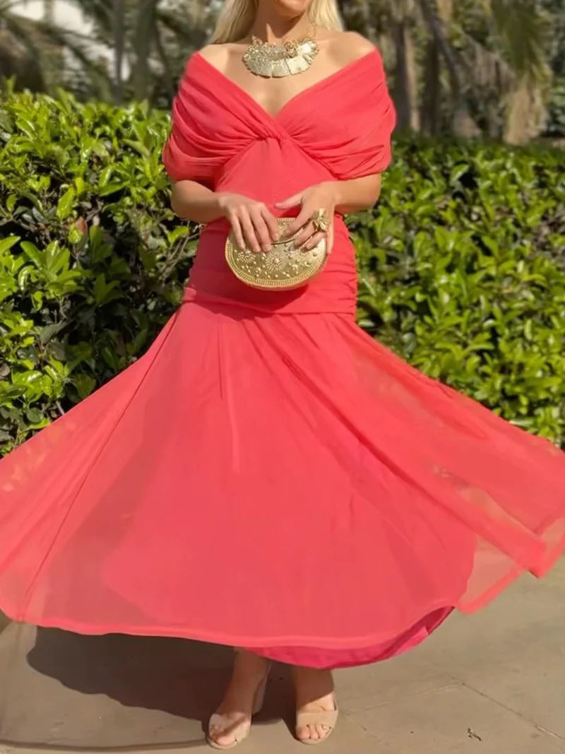 Damen nan fließendes Abendkleid mit transparentem Chiffon-Capelet, V-Ausschnitt und taillierter Drapierung Drune