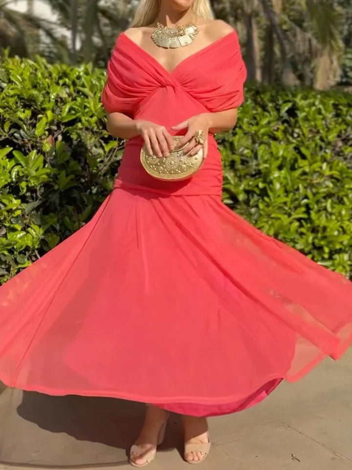 Damen nan fließendes Abendkleid mit transparentem Chiffon-Capelet, V-Ausschnitt und taillierter Drapierung Drune