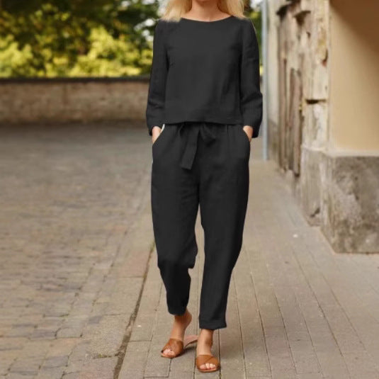 Damen Zweiteiliges Leinen-Set mit modischem Oberteil und komfortabler Hose Drune