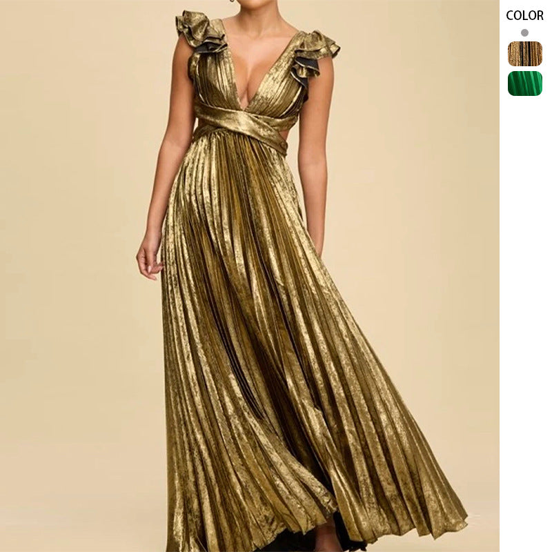 Damen Glamouröses Plissee-Maxikleid mit tiefem V-Ausschnitt und Puffärmeln Drune