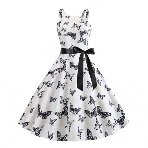 Damen Midikleid mit Schmetterlingsdruck und Taillengürtel Drune