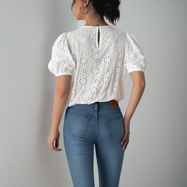 Damen Puffärmel Bluse mit dekorativen Blumenmustern und Kordelzug Drune