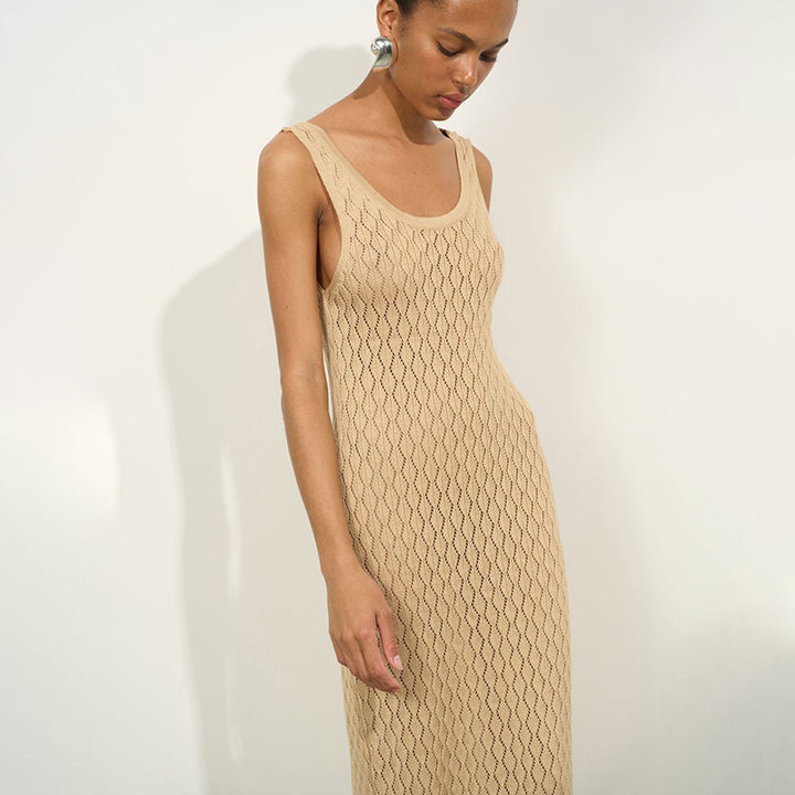 Damen elegantes Freizeit-Maxikleid mit raffiniertem Strickmuster Drune