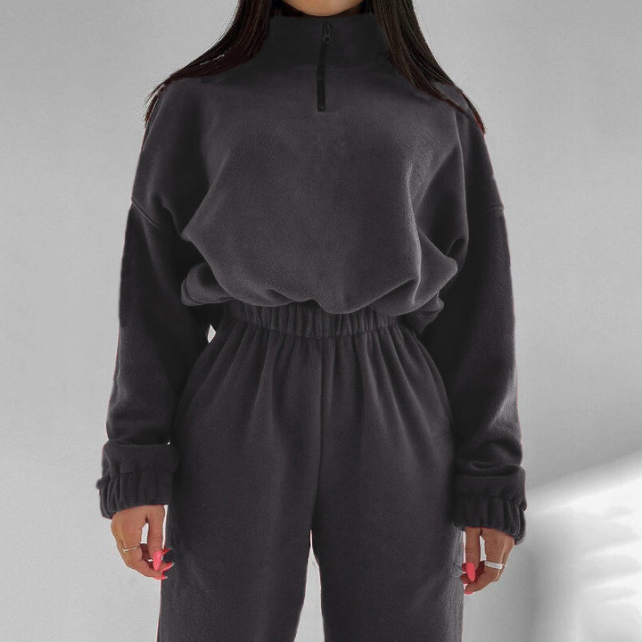 Damen komfortabler Fleece-Jogginganzug mit hohem Kragen und elastischen Bündchen Drune