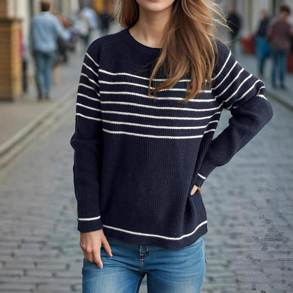 Damen lässiger Pullover mit modischem Streifenmuster und weitem Schnitt Drune