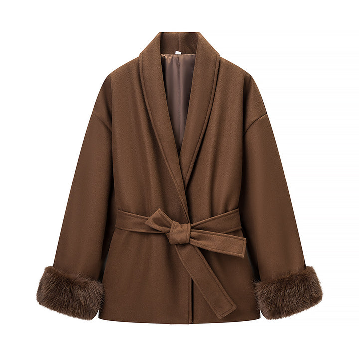 Damen Modische Jacke mit weich gefüttertem Kragen und Bindegürtel Drune