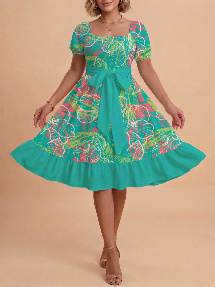 Damen Blumenkleid mit taillierbarem Gürtel und voluminösen Ärmeln Drune