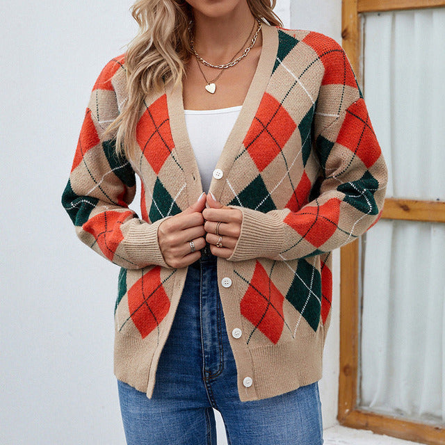 Drune | Farbenfrohe Rautenmusterd Cardigan Polyester Lebhaft, Zeitlos