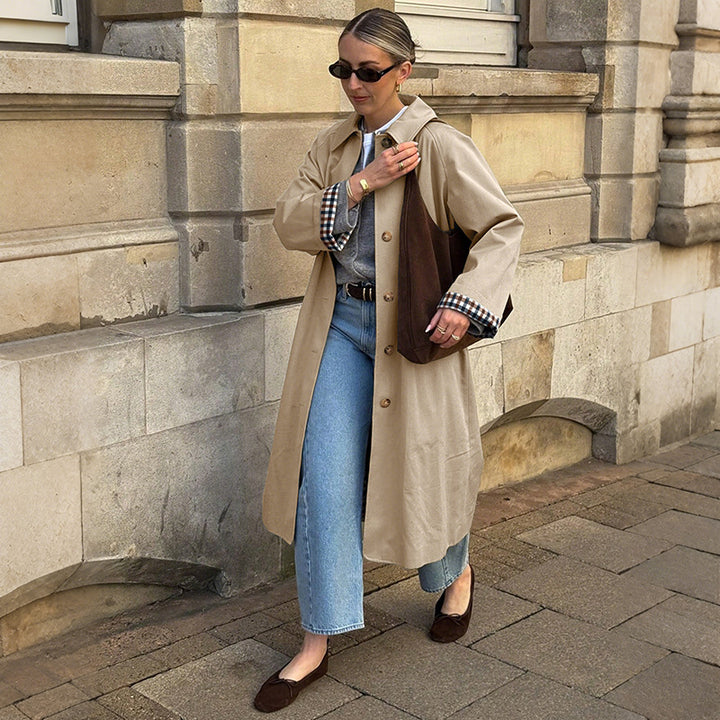 Damen modischer Trenchcoat mit kariertem Innenfutter und praktischem Schnitt Drune