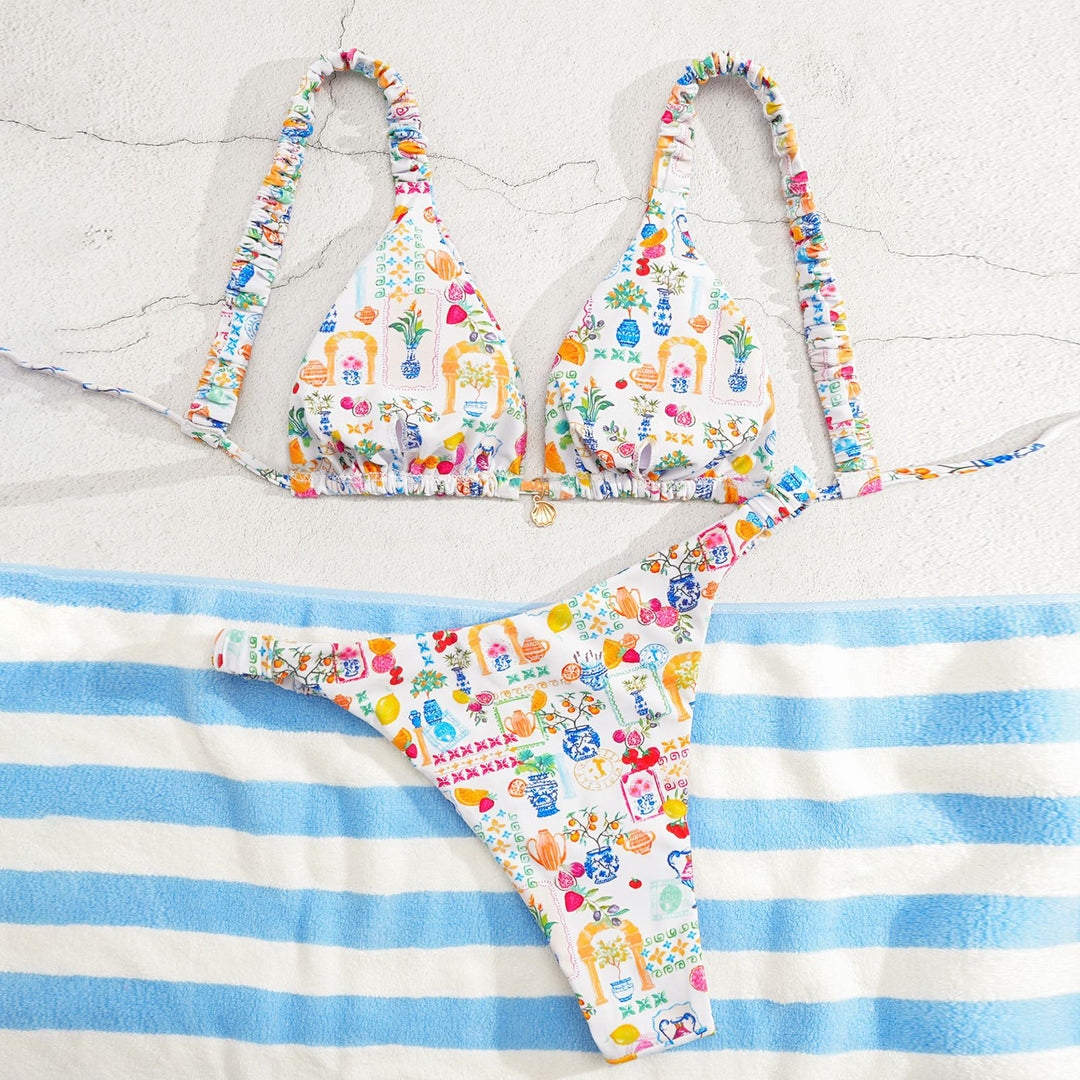 Damen Triangel-Bikini mit buntem Blumenmuster und verstellbaren Trägern Drune