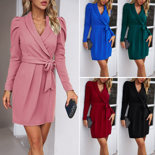Damen Wickelkleid mit elegantem Kragen und taillierbarem Gürtel Drune