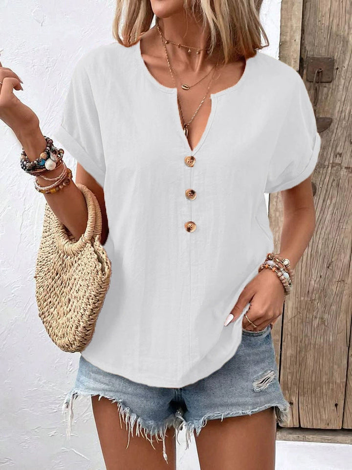 Damen Kurzarm Bluse mit Knopfleiste und lässigem Schnitt Drune