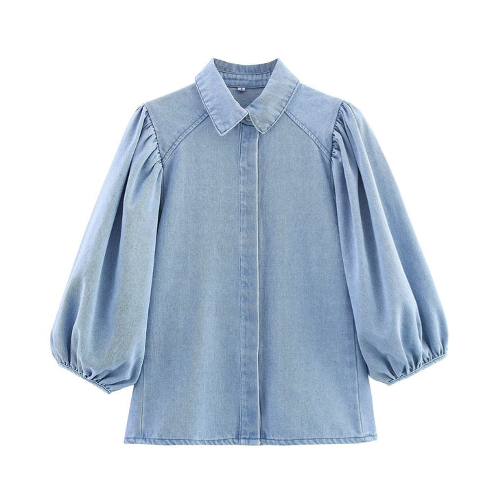 Damen luftige und strukturierte Bluse mit Balloonärmeln und weiten Jeans Drune