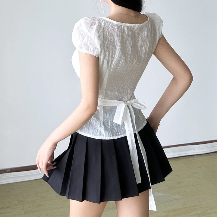 Damen Kurzarm Hemdbluse mit eleganter Raffung und verspieltem Bindeband Drune