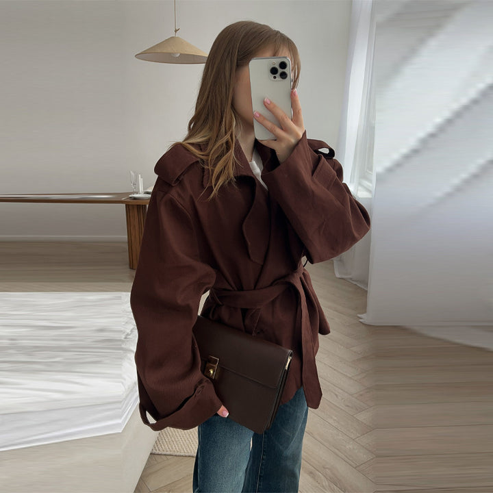 Damen Elegante oversized Trenchjacke mit Gürtel und strukturierten Ärmeln Drune