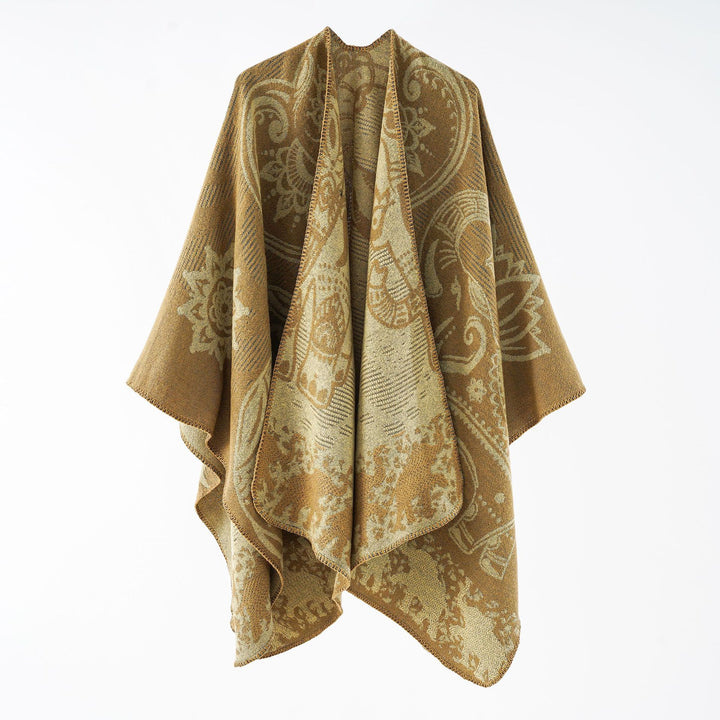 Damen eleganter Übergang-Poncho mit kunstvollem floralen Muster und fransigen Abschlüssen Drune